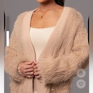 JLUXLABEL Fuzzy Open-Front Cardigan in Tan